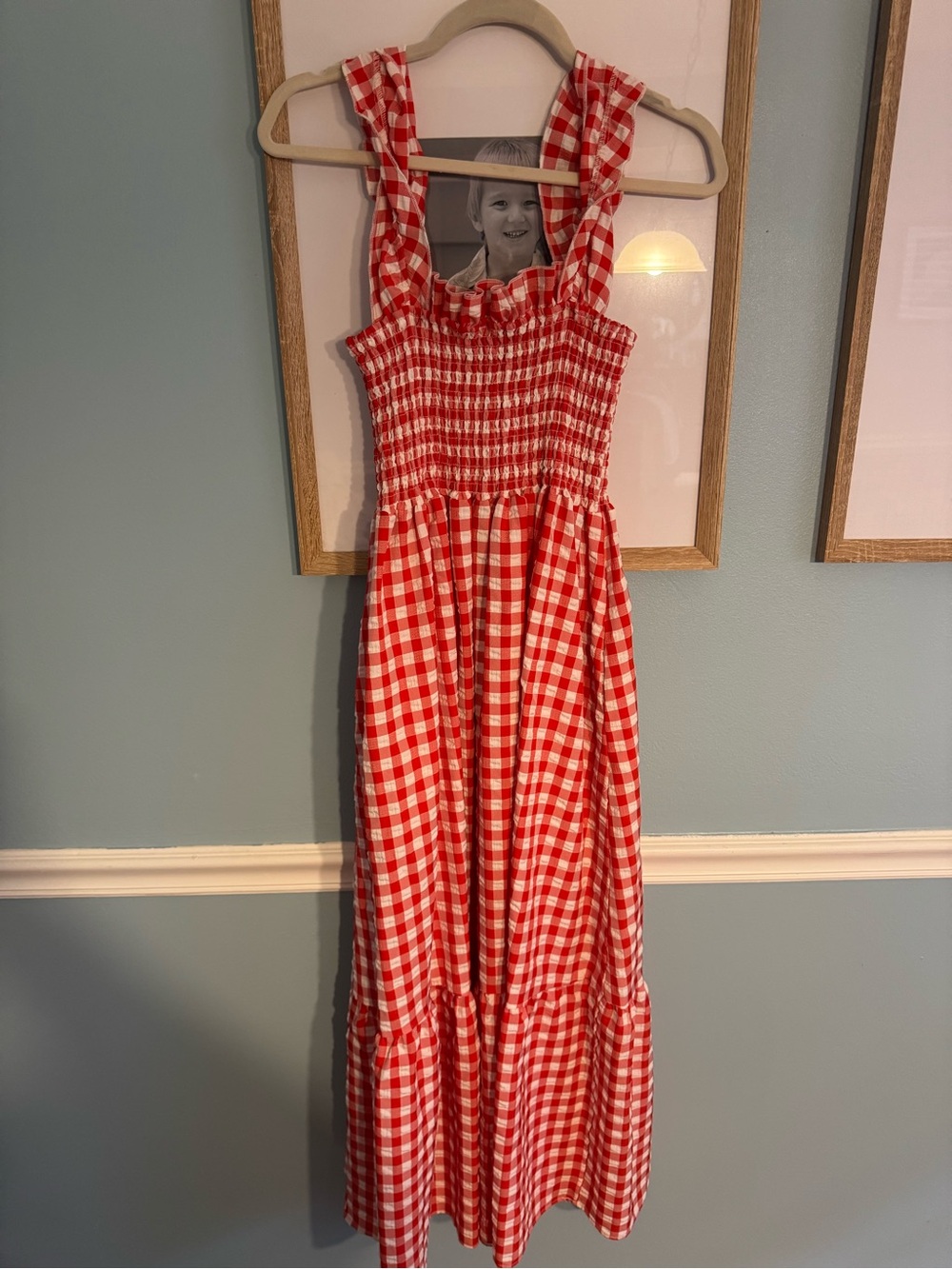 Red and White Gingham Smocked Maxi Dress